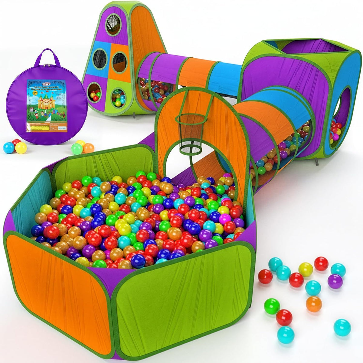 Playz 5pc Pop Up Play Tent and Crawl Through Tunnels for Kids w/Carry - Purple, Yellow, Red, Blue, White