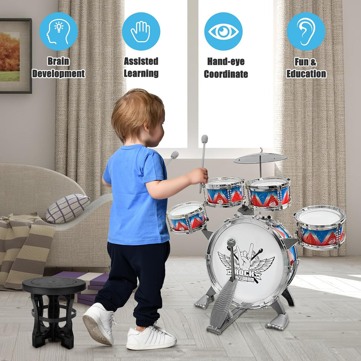 Kids Jazz Drum Set Toys for 3-7 Year Olds - Red-blue - image 3