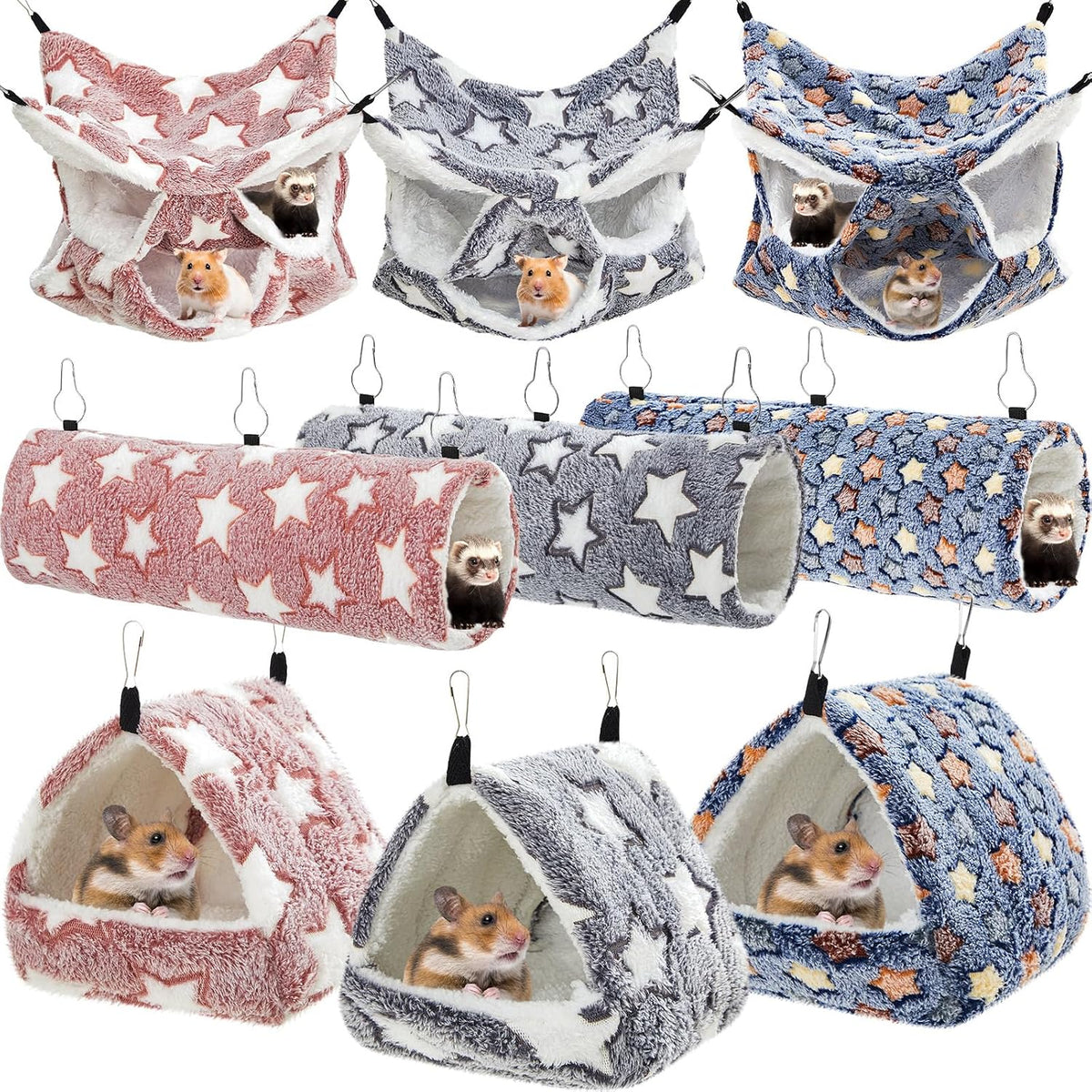 Abbylike 9 Pieces Rat Hammock 3 Tier Guinea Pig Ferret Hammocks Small - Navy,Grey,Pink, / Star