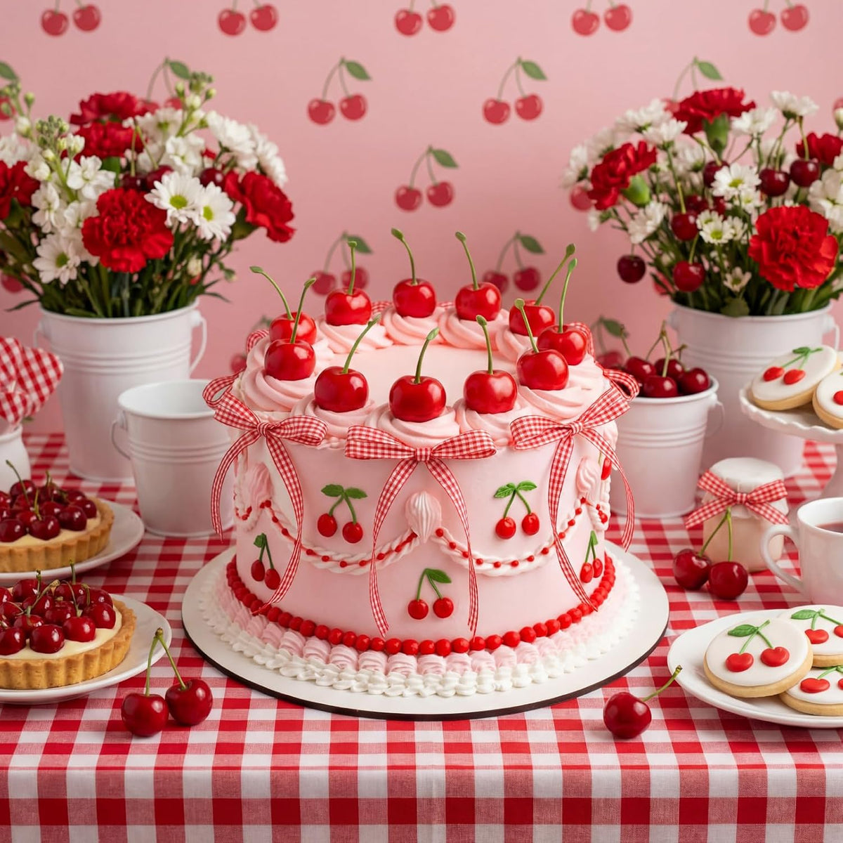 Chunful fake cherry cake toppers with red polyester bows - view 13