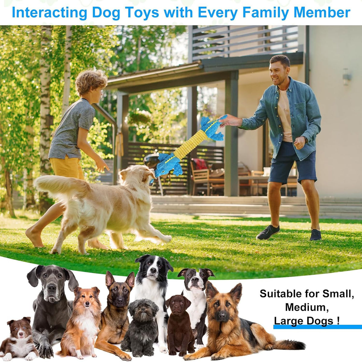 Squeaky Dog Toys for Large Dogs, Tough Tug of War Puppy Toy - Blue Yellow / Alligator - image 4
