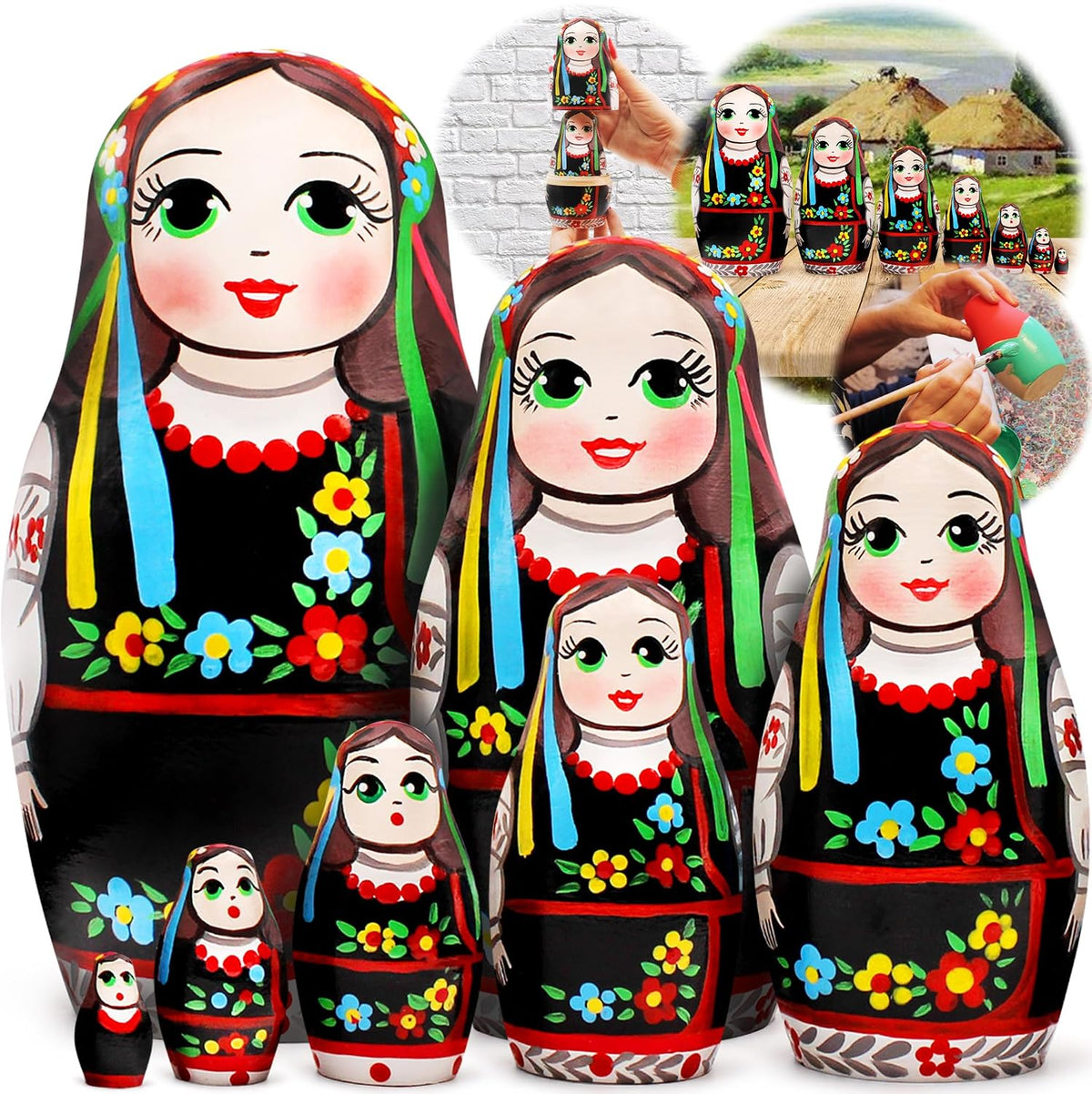 AEVVV set of 6 hand painted Ukrainian nesting dolls in vyshyvanka dress