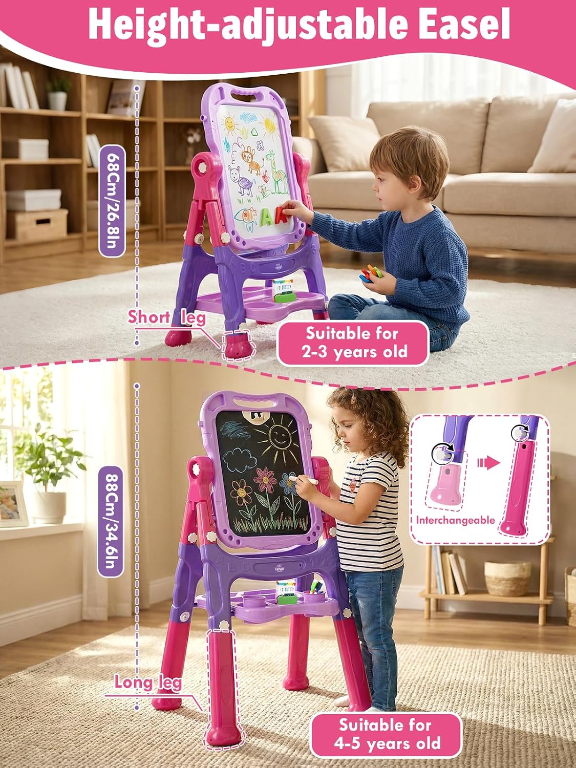 Lehoo Castle Easel for Kids 3-5, Magnetic Chalkboard Whiteboard – Fun for Kids & Family - Purple, Pink - image 2