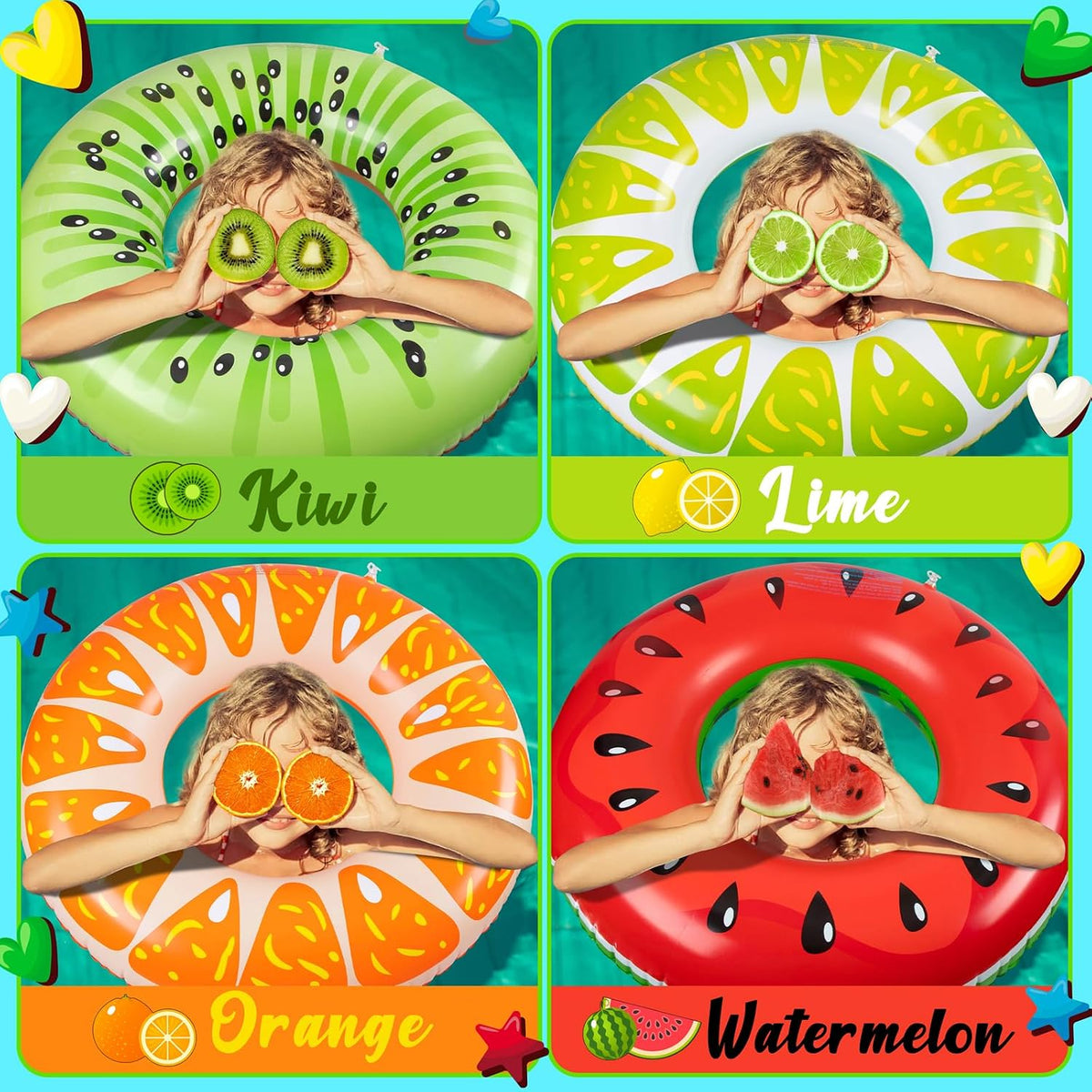 90shine luau pool floats set with 4 tropical swim rings and 3 beach balls - view 6