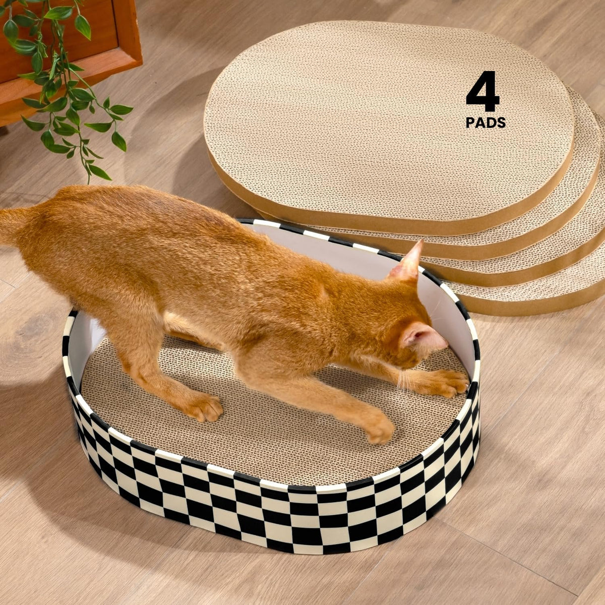 Conlun Oval Cat Scratcher Bed - Checkerboard / 4 Pads - Medium (16.9"L x 12.9"W x 3.5"Th)