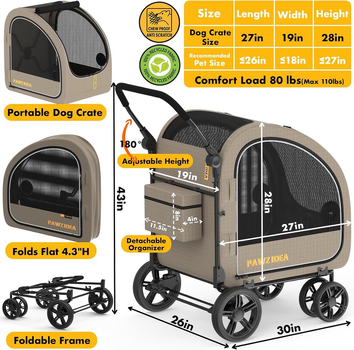 PAWZIDEA 3-in-1 Large Dog Stroller with Detachable Carrier - Khaki Plaid - image 2