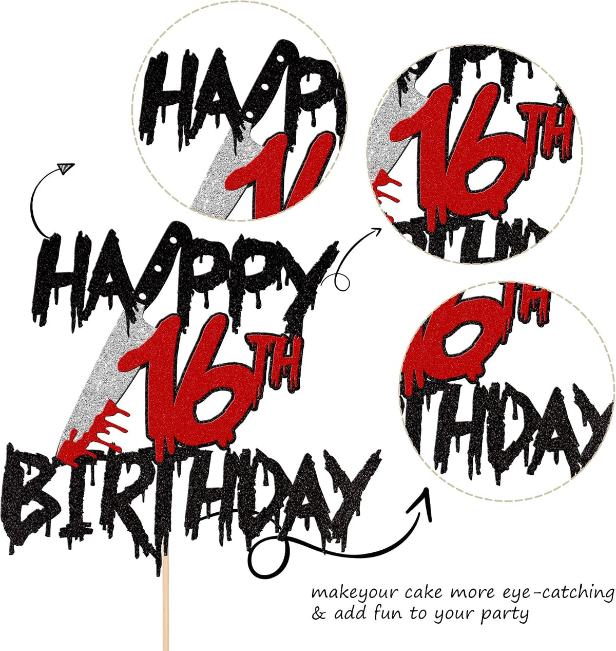 Zhuoweism Halloween horror Happy Birthday glitter cake topper on bamboo stick - view 24
