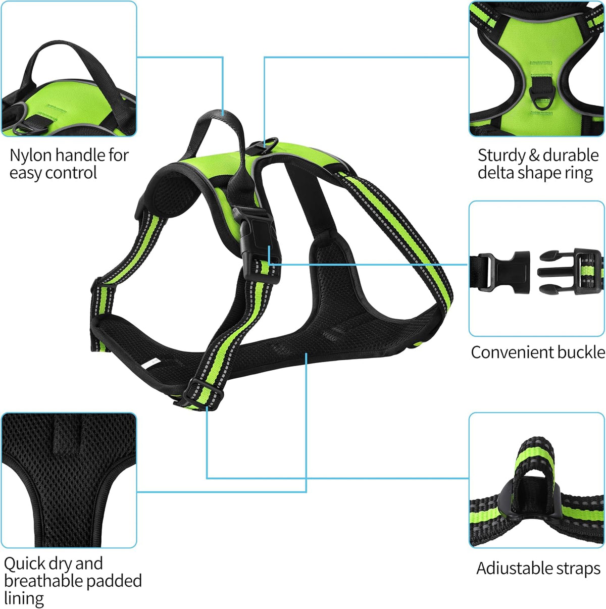 Blue No-Pull Dog Harness with 2 Leash Clips，Soft Padded Vest - X-Large / Green - image 2