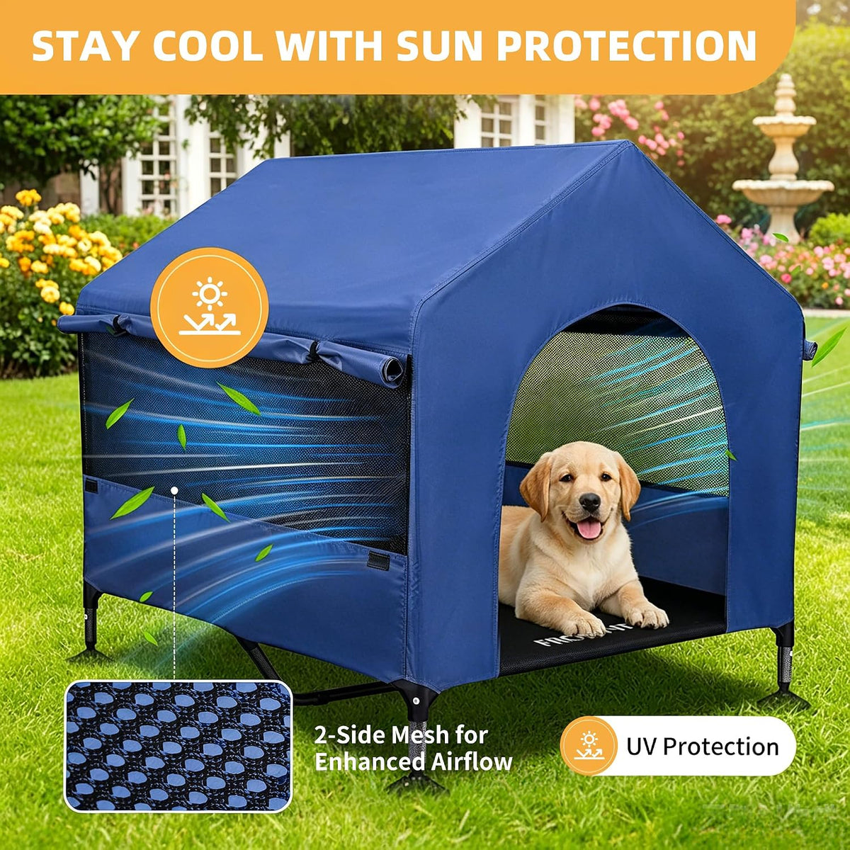 Dog House, 42” Large Dog Houses Outdoor Indoor Elevated Dog Cot Bed – Essentials for Dogs - 42 INCH Dark Blue - image 2