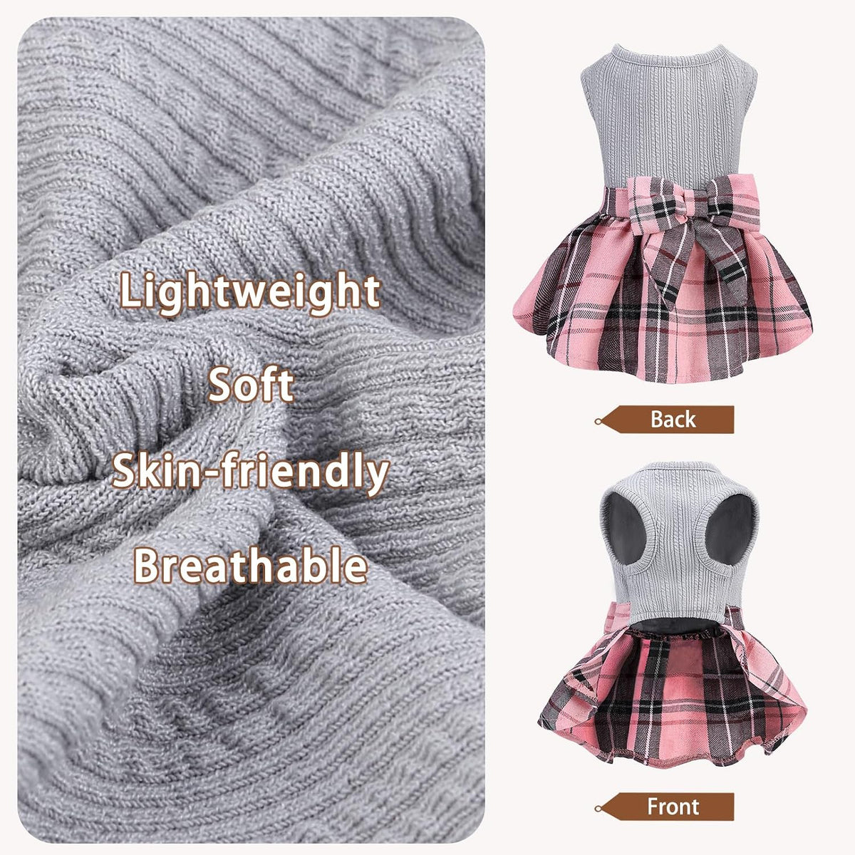 PUPTECK Classic Beige Plaid Dog Dress with Bow Puppy Skirt Clothes M – Essentials for Dogs - Grey(Plaid) / Medium - image 3