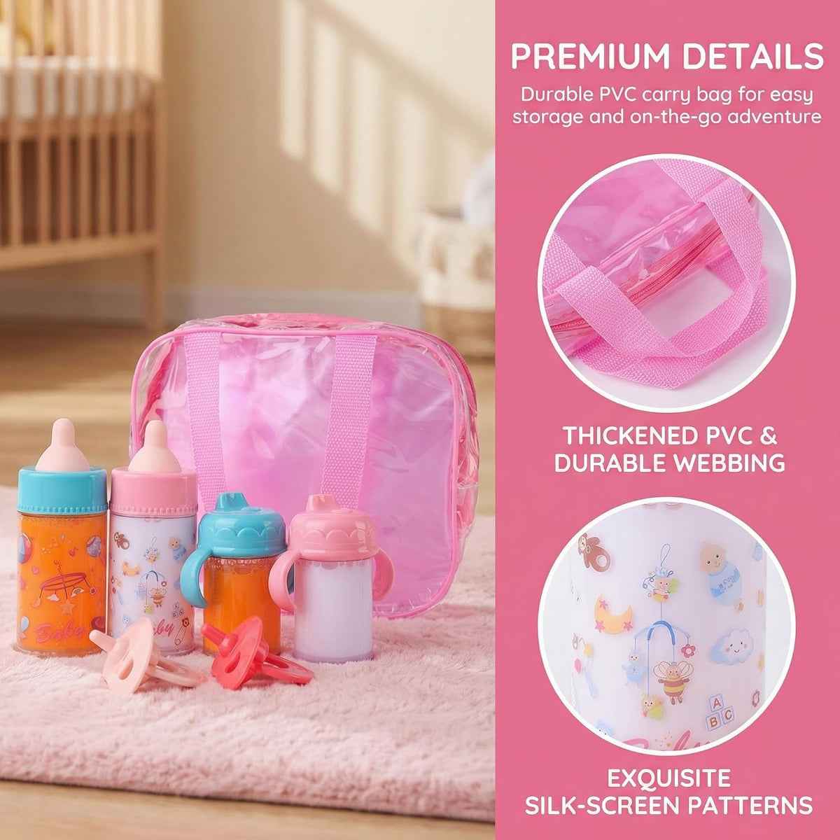 Beem Jun pink baby doll bottles and pacifiers set in a clear zippered bag - view 14
