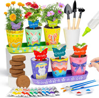 RGBDOT kids gardening set with 4 paintable stoneware flower pots and 12 paint tubes