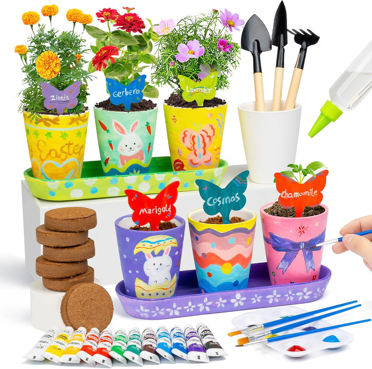 RGBDOT kids gardening set with 4 paintable stoneware flower pots and 12 paint tubes