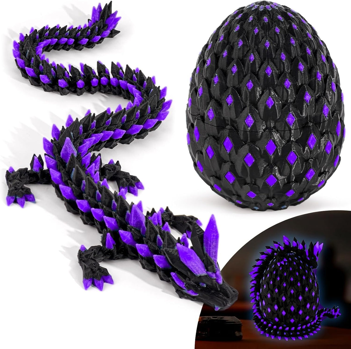 Waaaandefu 3D printed articulated dragon with matching egg in Void Amethyst - view 5