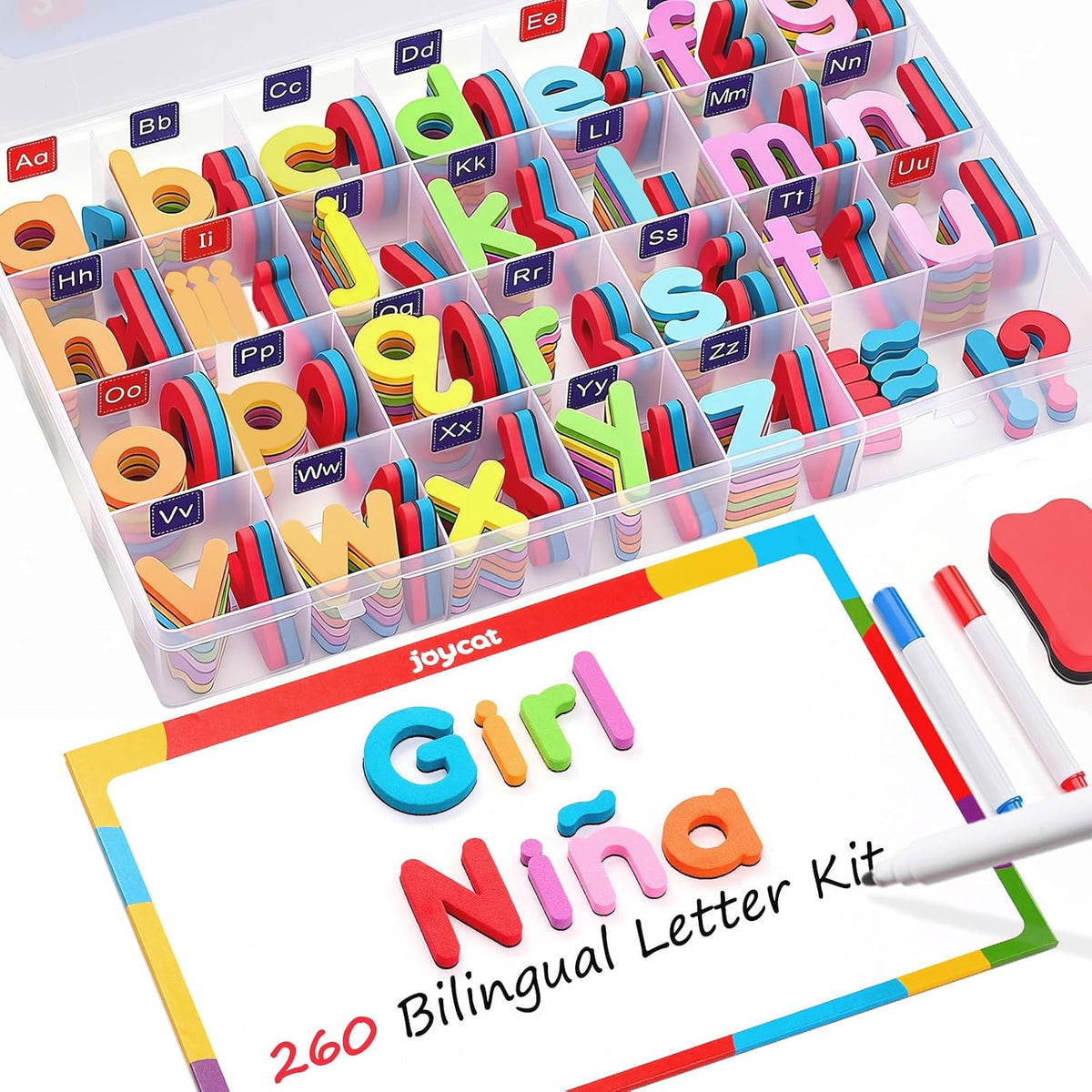 JoyCat 238 Pcs Magnetic Letters Kit with Double-Sided Board – Fun for Kids & Family - English & Spanish Letter Set