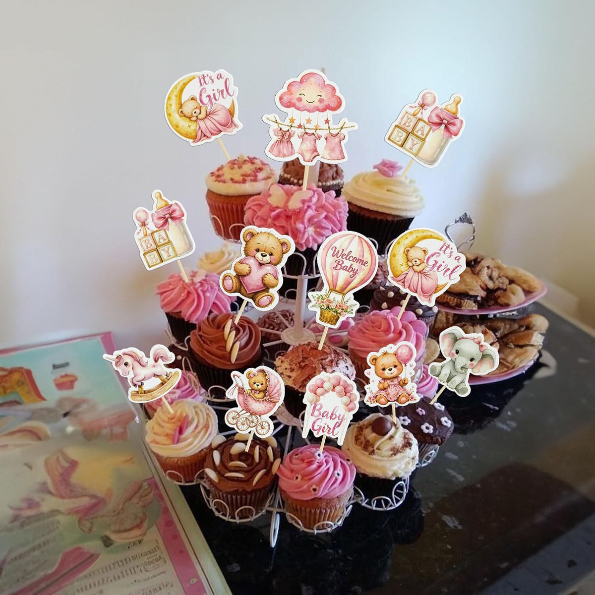 Gyufise 36Pcs Baby Shower Bear Cupcake Toppers Moon Baby Bear Baby - Pink White - image 4