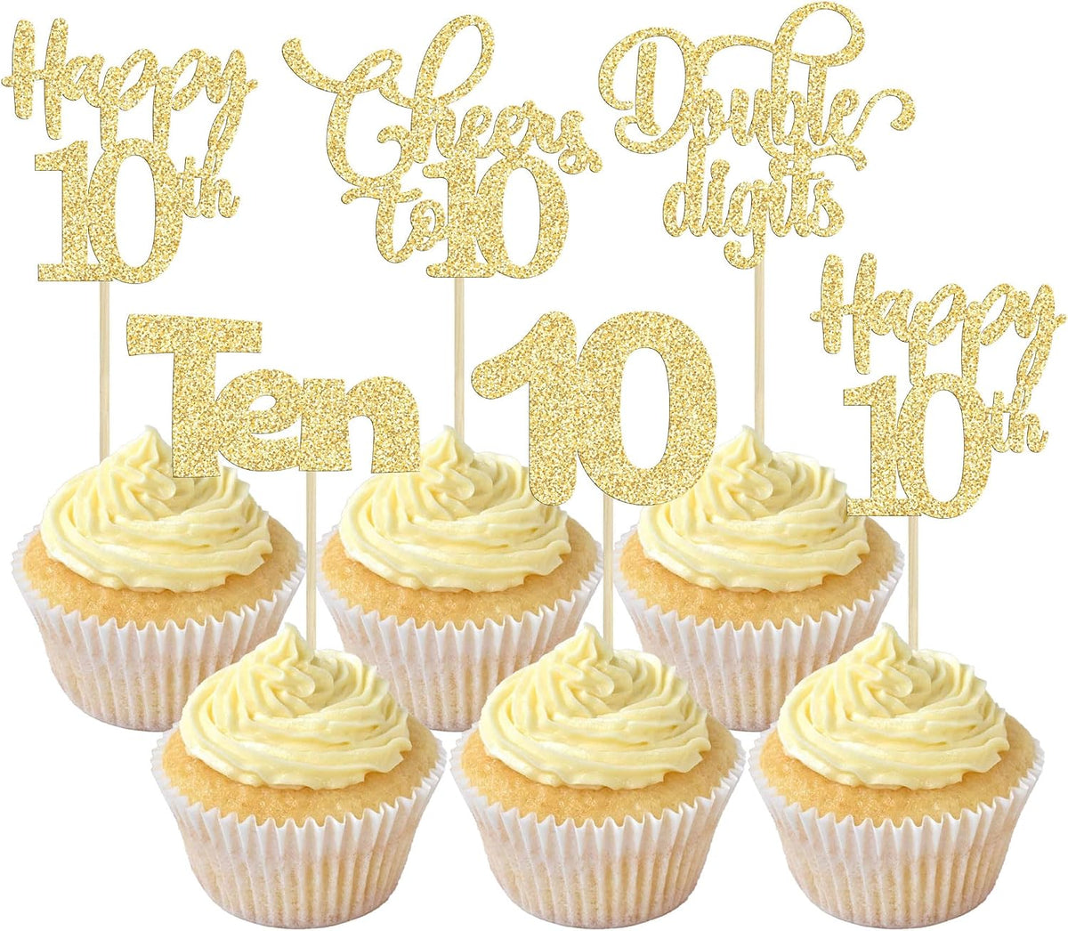 30 Pack Happy 80th Birthday Cupcake Toppers Gold Glitter Eighty - 10th / Gold - image 2