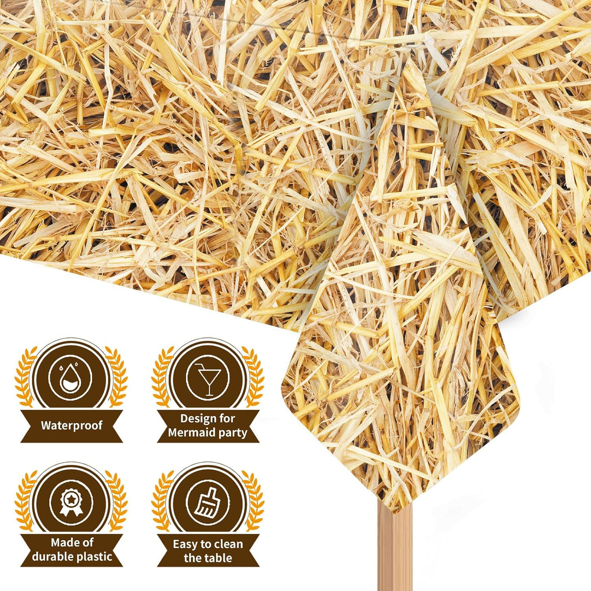 LANMANUO straw tablecloth set with hay bale print, three 54 x 108 inch plastic covers - view 4