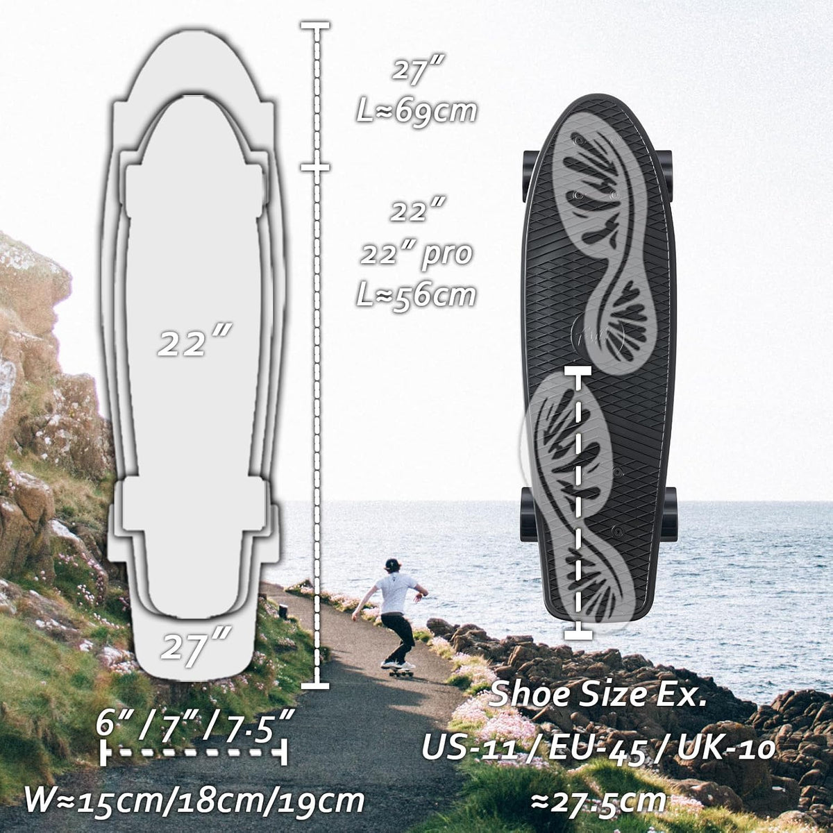 KMX Classic Retro Mini Cruiser Skateboard 22" & 27" for Boys Girls - Black+ / 22" - image 4