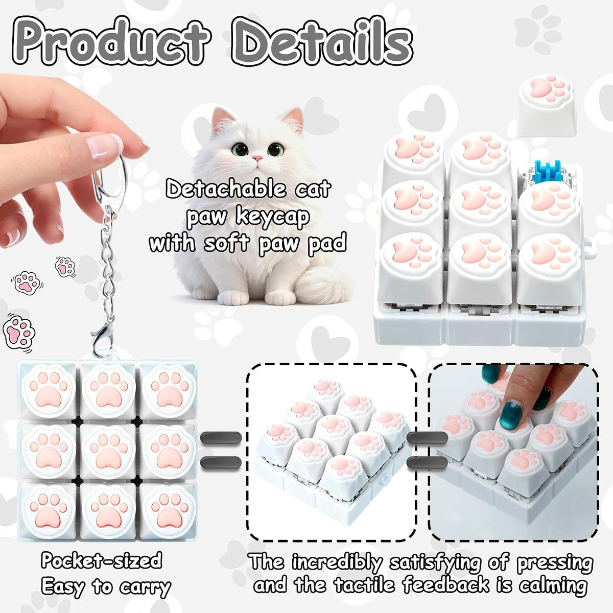 XiawaLangzhuo cat paw keyboard fidget toy, 9-in-1 clicker keychain in white and purple - view 19
