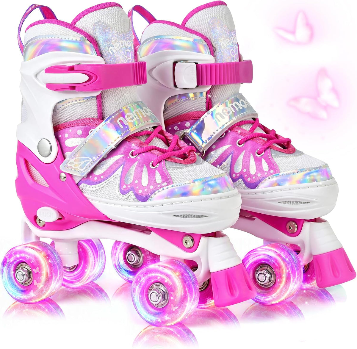 NEMONE Mermaid Adjustable Light up Roller Skates for Girls Boys – Fun for Kids & Family - G- Candy Butterfly / Medium - Big Kid