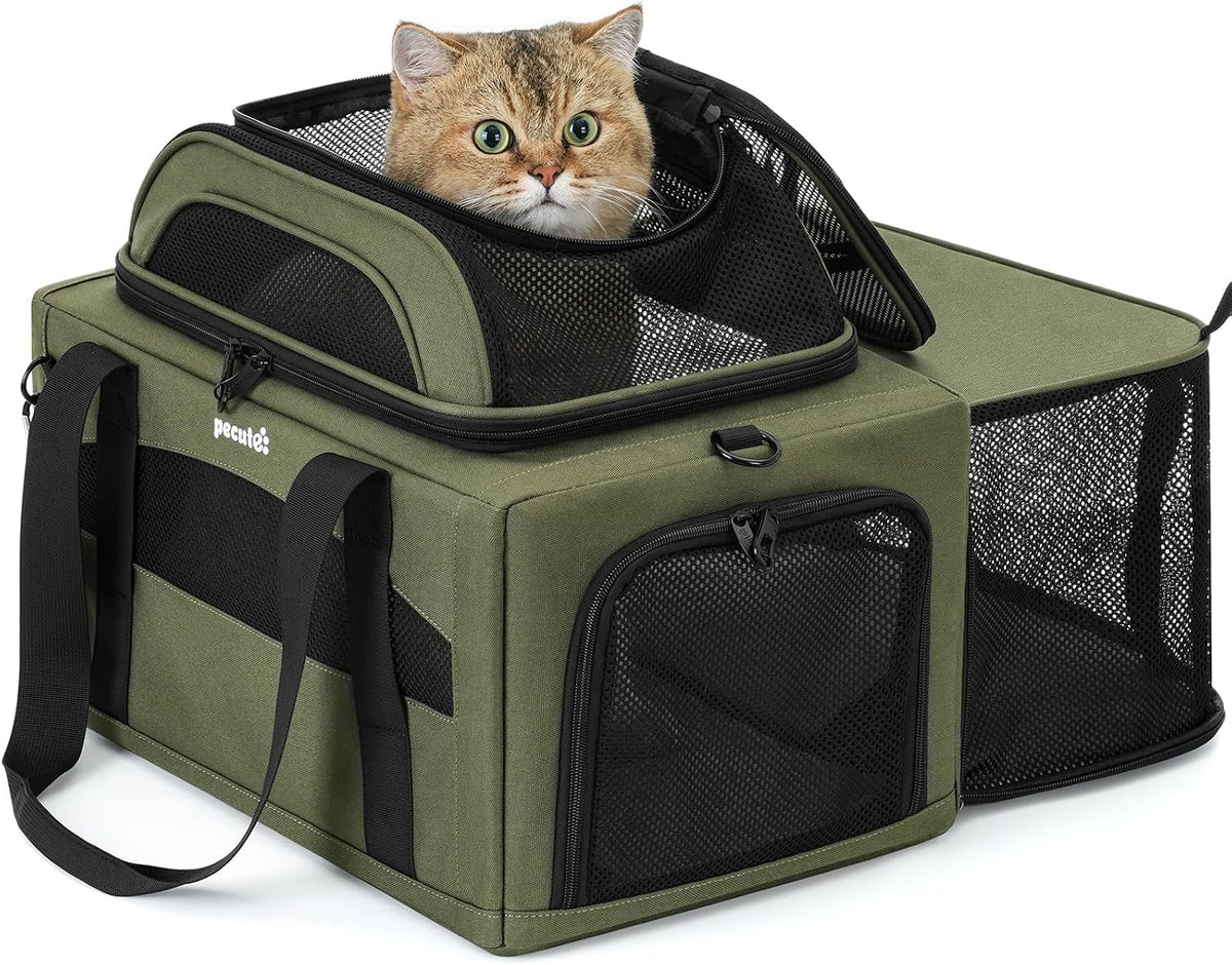 Pecute Expandable Airline Approved Pet Carrier for Cats & Dogs - Olive Green / Top & Side Expandable
