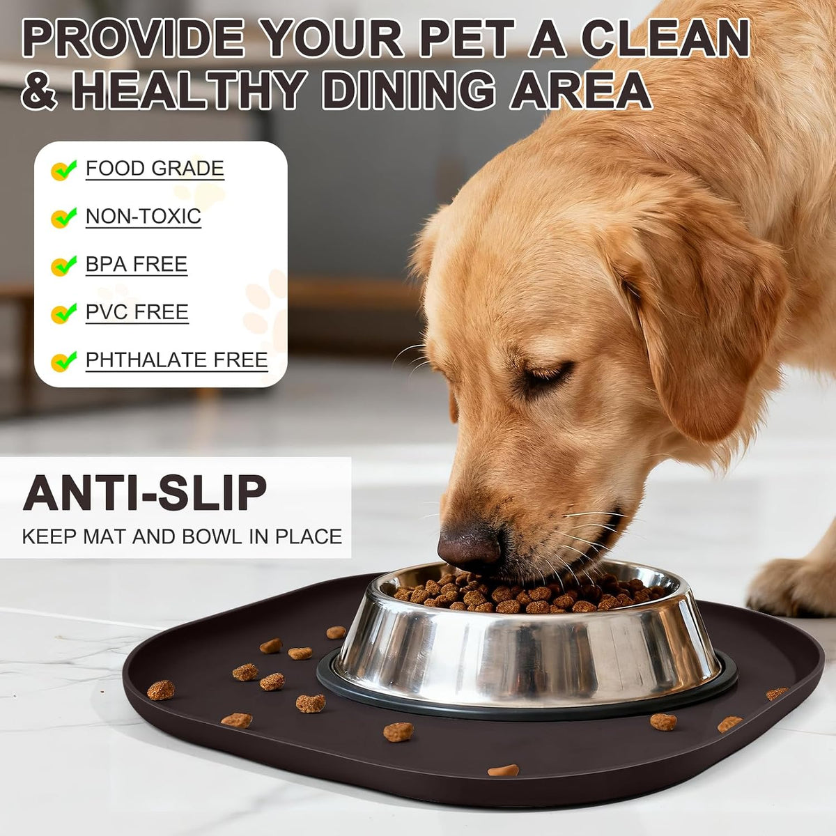 SMILOOL Waterproof Silicone Pet Food Mat with Raised Edge for Dog - Dark Brown / 12"L x 12"W - image 2