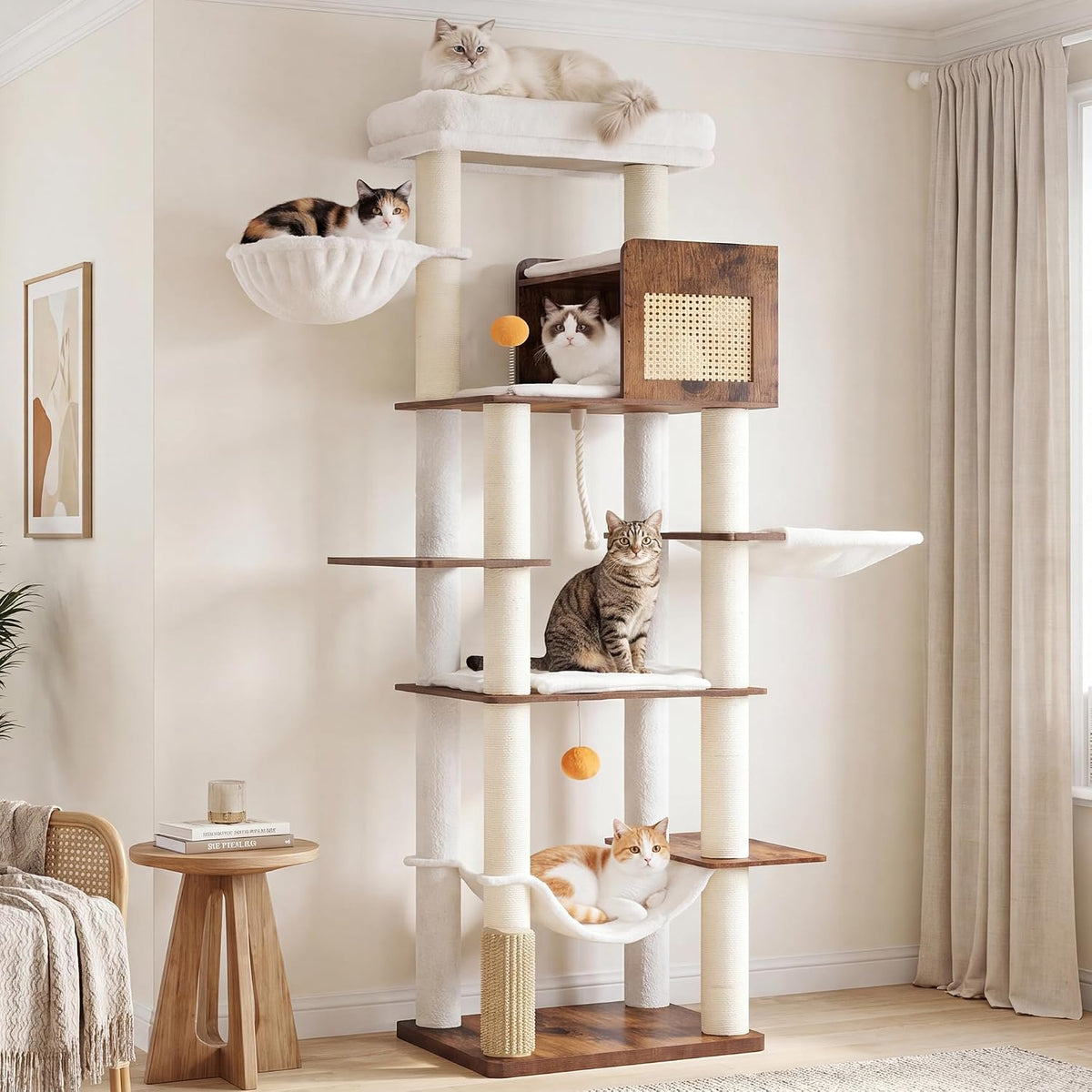 Hey-brother Wooden Cat Tree Tower with Rattan Condo - 21.7" x 15.8" x 73" / Rustic Brown