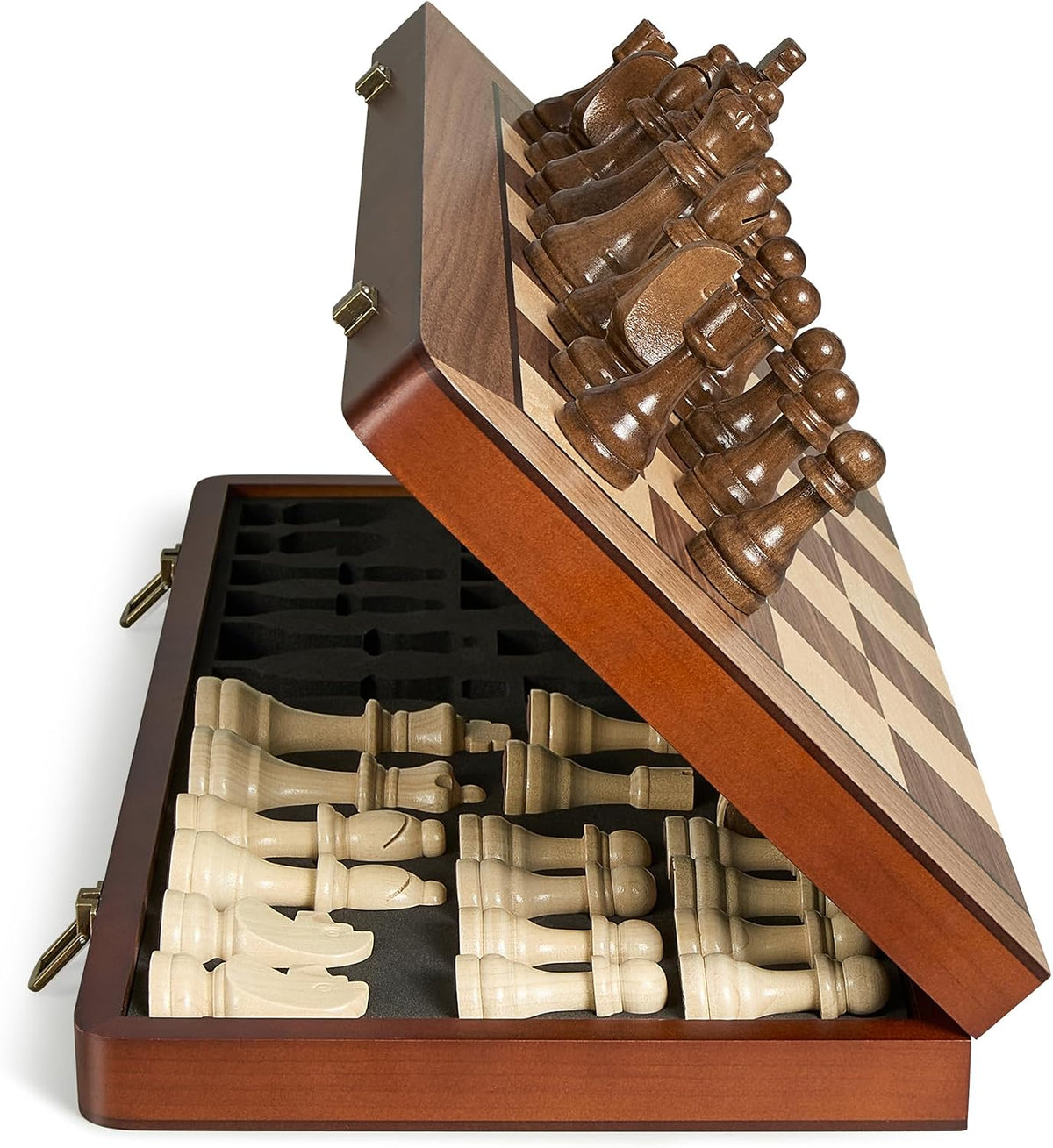 ELONGDI 15 inch folding magnetic wooden chess set with walnut finish - view 2