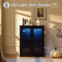 Cat Litter Robot Enclosure with Glass Cat-Observant Doors,Litter Robot Cabinet with Reversible and Optional Entry(Left or Right),Cozy LED for Cats,Power Outlet for More Choice, Black