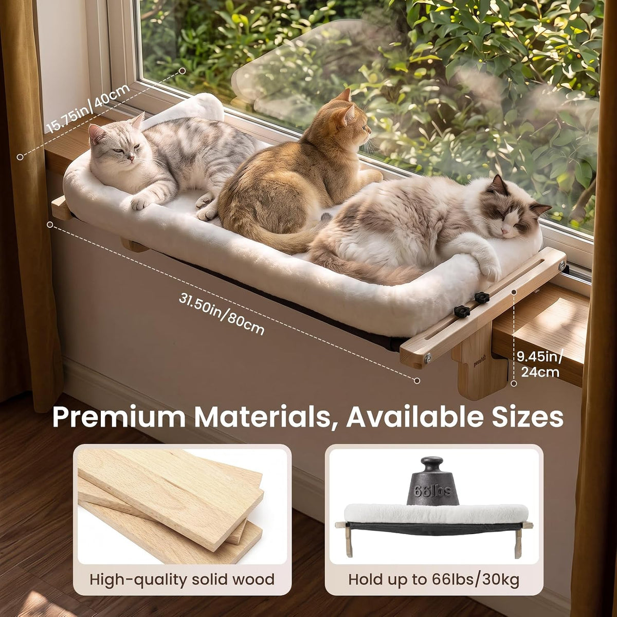 Pecute Cat Windowsill Perch, Cloud-Soft Cat Bed with Wood Frame - White / 31.5" x 15.8" - image 3
