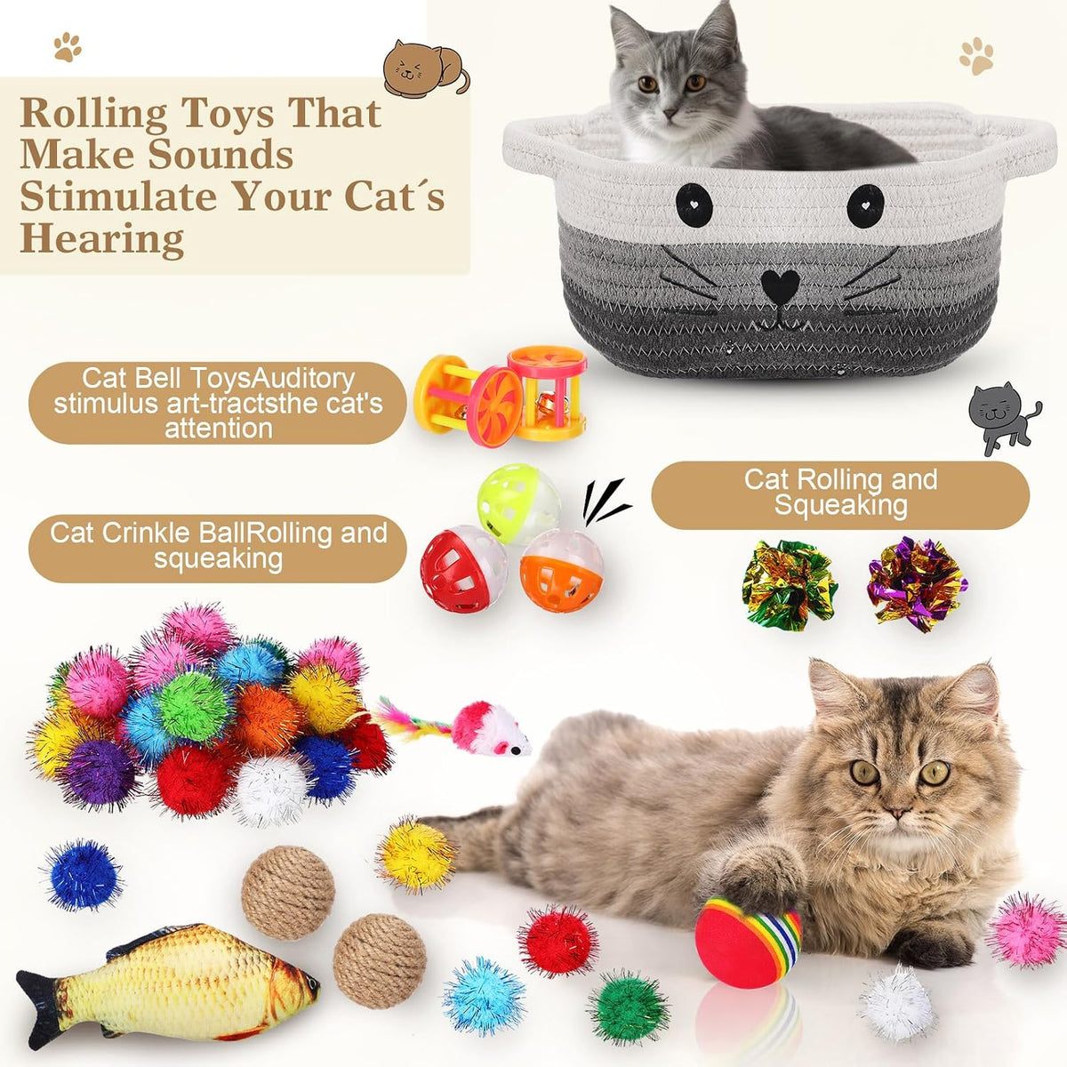 Zopeal 58 Pcs Cat Toy Set with Storage Basket Indoor, Grey - Multicolor / 9.8 Inch - image 4