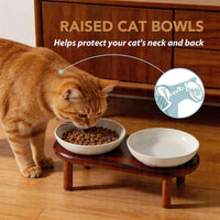 Elevated Cat Bowls, Ceramic Cat Bowl with Bamboo Stand Wide Opening – Essentials for Cats - White / Stripe Set + Acacia Wood - image 4