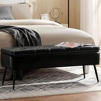 Leather Storage Ottoman Bench,End of Bed Bench for Living Room Bedroom Dinning Room Entryway,Mid-Century Modern,Faux Leather,with Steel Legs,Safety Hinges, Loads 660 lb (with Button, Black)