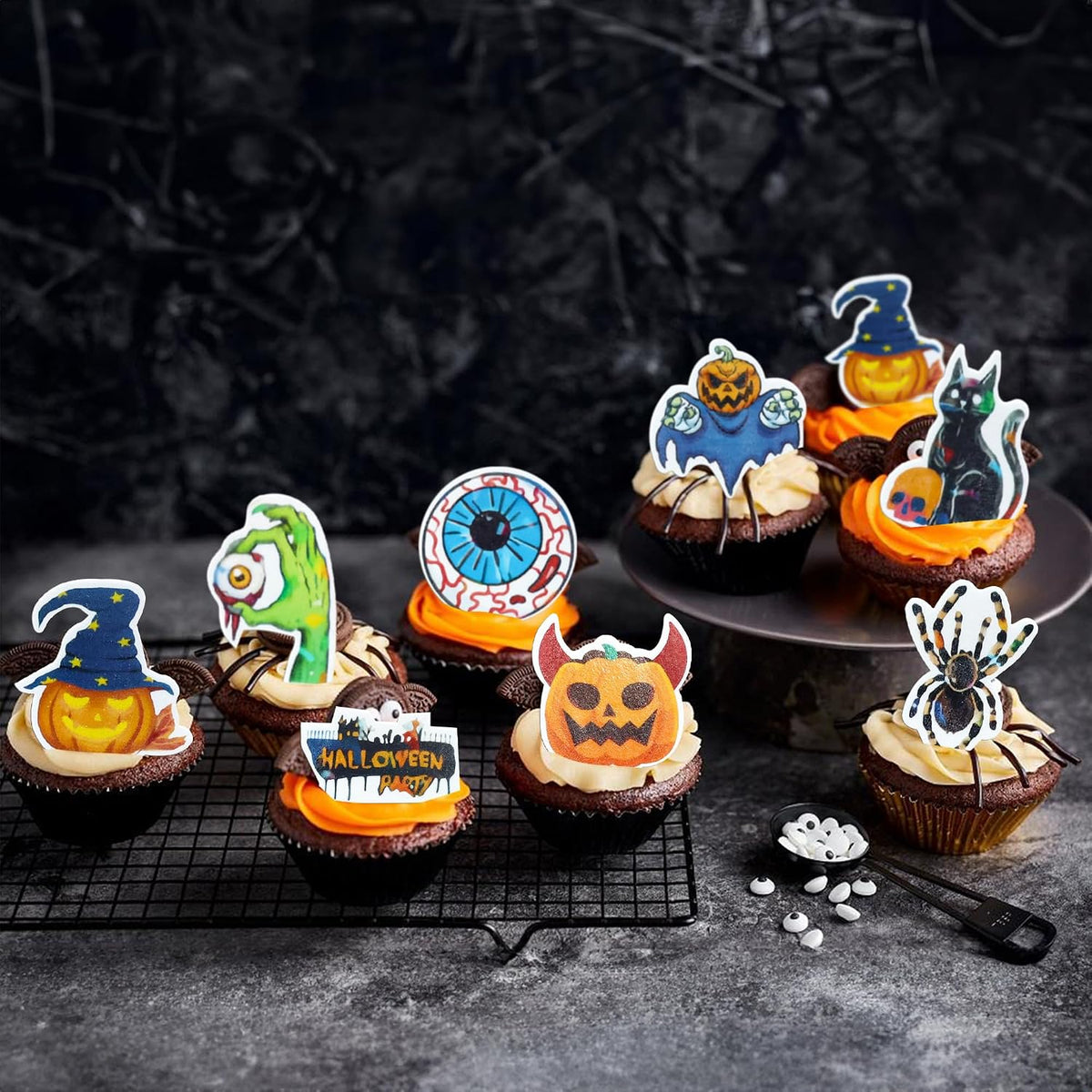 Gyufise 24Pcs Halloween Bat Cupcake Toppers Black Glitter Bat - Black, Orange - image 4