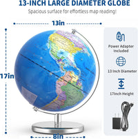 Waldauge 13 inch illuminated blue world globe with LED light on a metal base - view 3