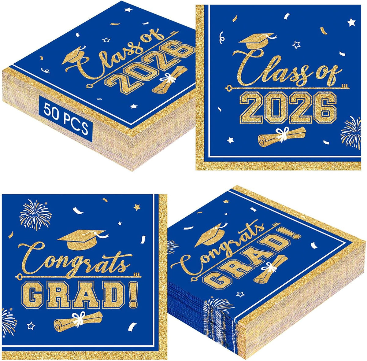 PERFQU Class of 2026 graduation napkins in blue and gold with cap and tassel design - view 2