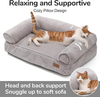 FUKUMARU Dog Couch Bed, Corduroy Cozy Cat Bed for Indoor Cats with Washable Cover, Supportive Waterproof Dog Beds Sofa for Small Dogs and Large Cats Cute, 28inch, Medium, Light Grey