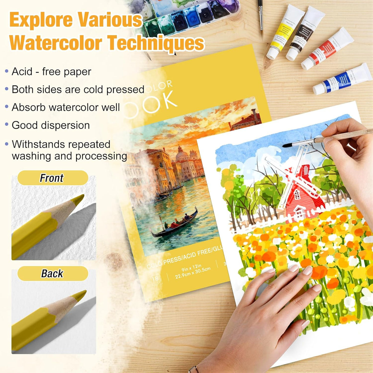 Watercolor Paper Pad, 5.5"x8.5”, Spiral, Bound with Tear - Yellow / 9" x 12" Glue Bound - image 3