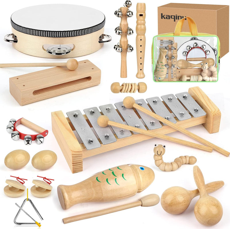 Kaqinu 23 piece wooden musical instruments for kids with xylophone and tambourine