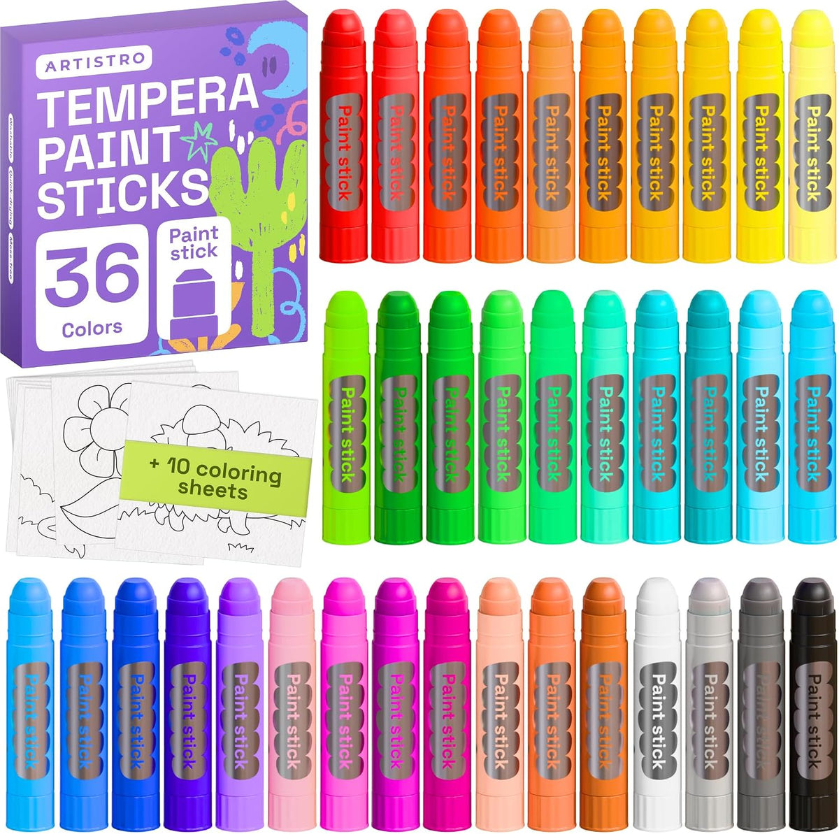 ARTISTRO 100% Washable Tempera Paint Sticks for Kids - 36 Colors