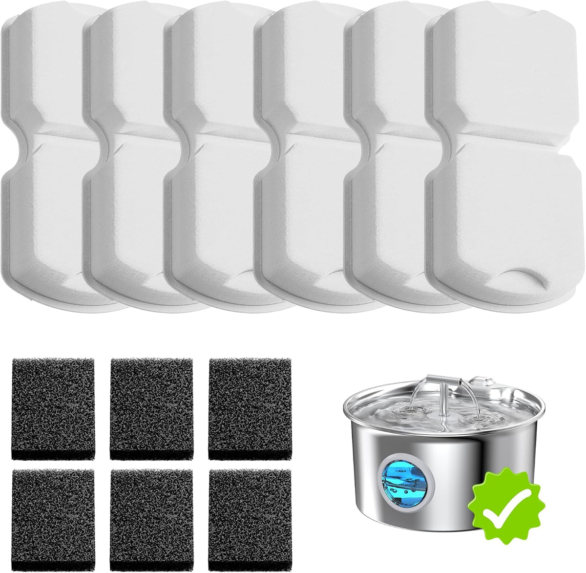 Cat Water Fountain Filter Replacement: 6 PCS Carbon & Sponges – Essentials for Cats - 6 Filters + 6 Sponges