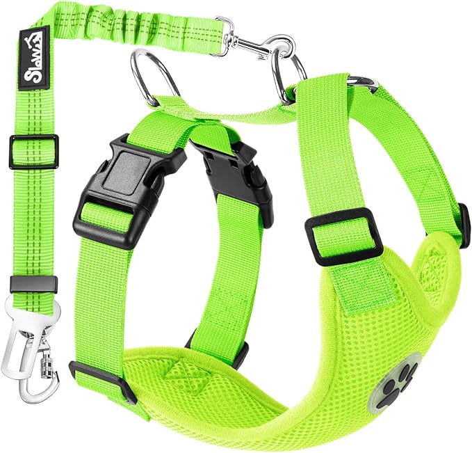 Lukovee Dog Seat Belt for Car, Adjustable Dog Car Harness for Large Medium Small Dogs, Soft Padded & Breathable Mesh Dog Seatbelt with Car Strap and Carabiner(Lime Green Double Clip,Large)