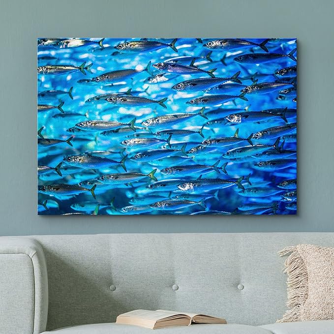 wall26 Canvas Print Wall Art Close Up Sardine School of Fish Underwater Nature Animals Photography Realism Rustic Scenic Landscape Wilderness Earth for Living Room, Bedroom, Office - 24"x36"