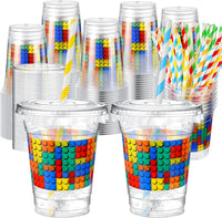 Teenyyou 12 oz clear plastic party cups with dirt bike design, lids and paper straws - view 5