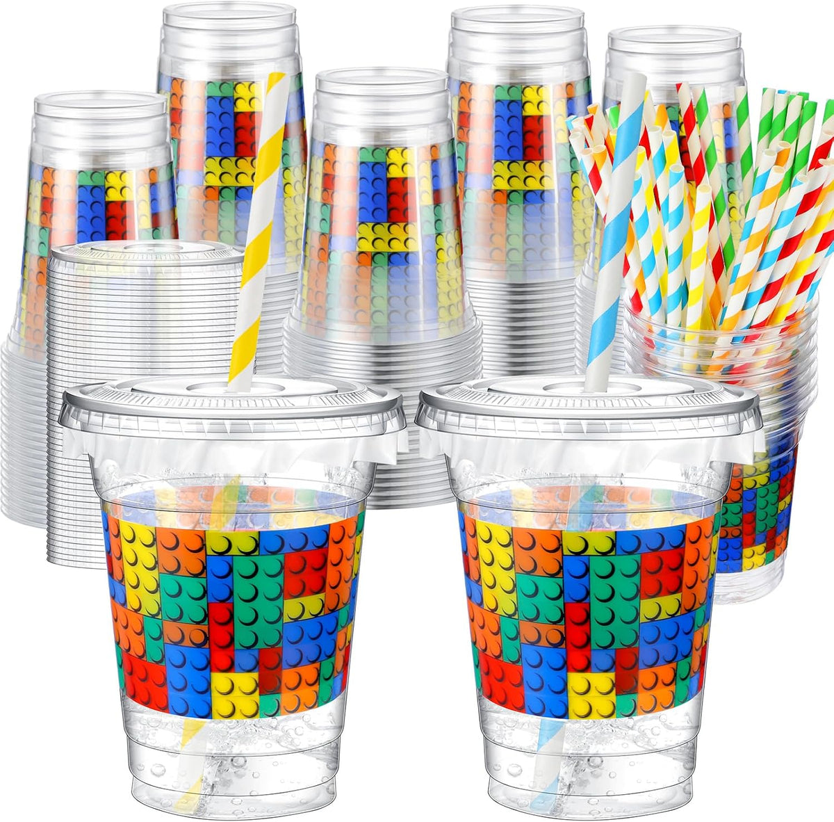 Teenyyou 12 oz clear plastic party cups with dirt bike design, lids and paper straws - view 5