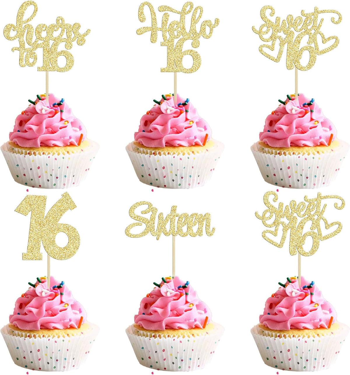 30pcs 16th Birthday Cupcake Toppers - 16th / Gold