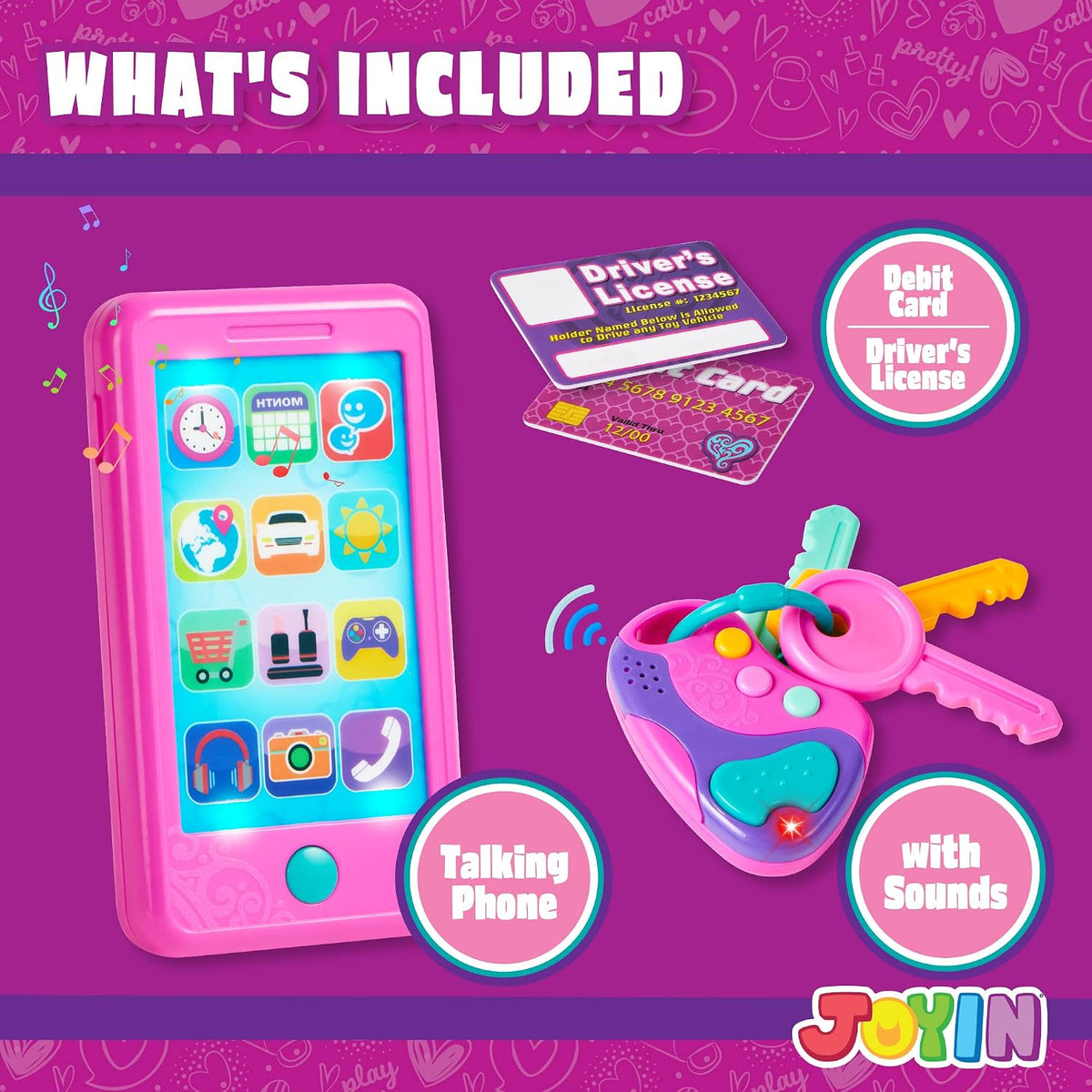 JOYIN pink 4-in-1 pretend play phone set for toddlers with key fob, license and debit card - view 6