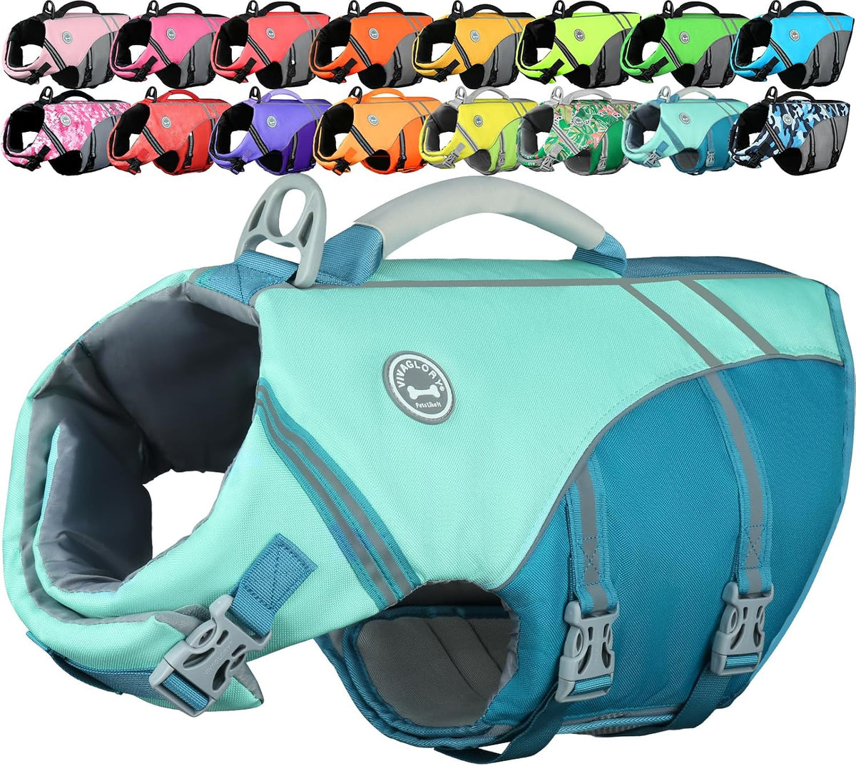 VIVAGLORY Dog Life Vest Sports Style Dog Swim Vest, M - Cyan / XL: 31-39 inch (Ribcage Girth)