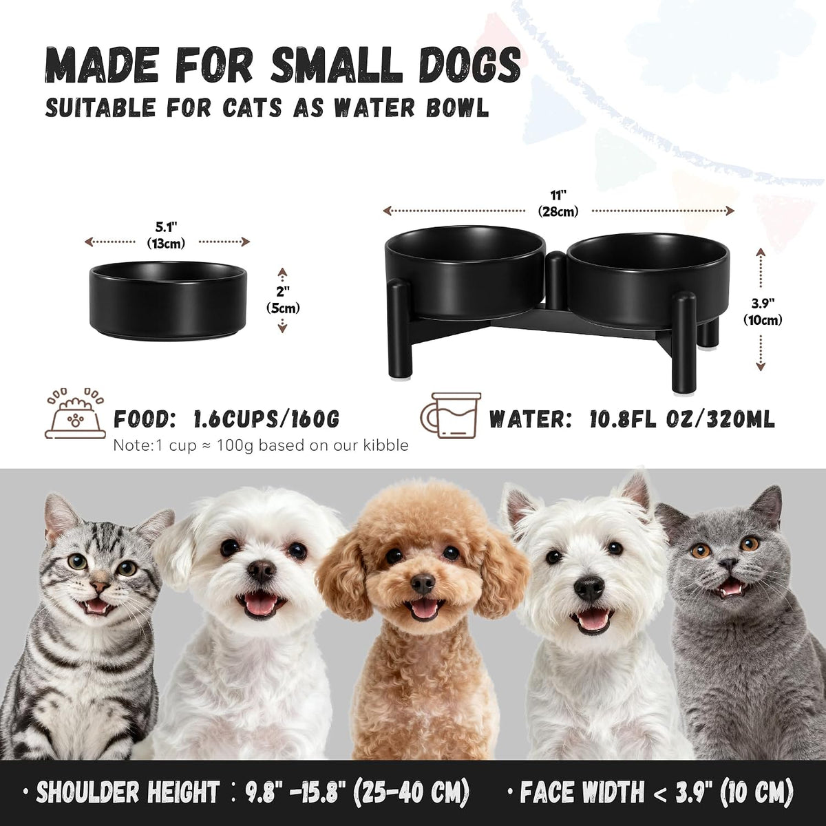 Raised Ceramic Dog Bowl Set with Stand - Black / 2 Bowls - 1.6 Cups Each - image 2